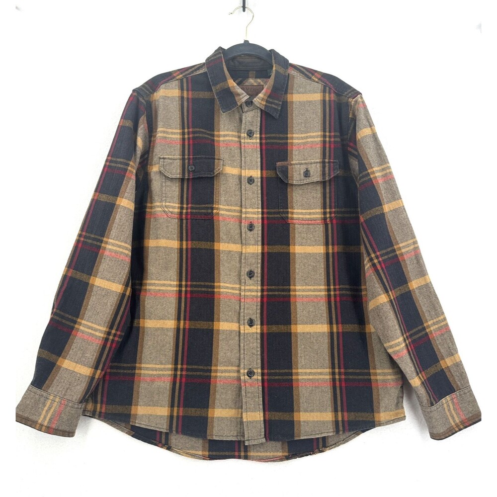 Orvis Plaid Flannel Shirt Men L Brown Red 100% Cotton Button Front Outdoor Cabin